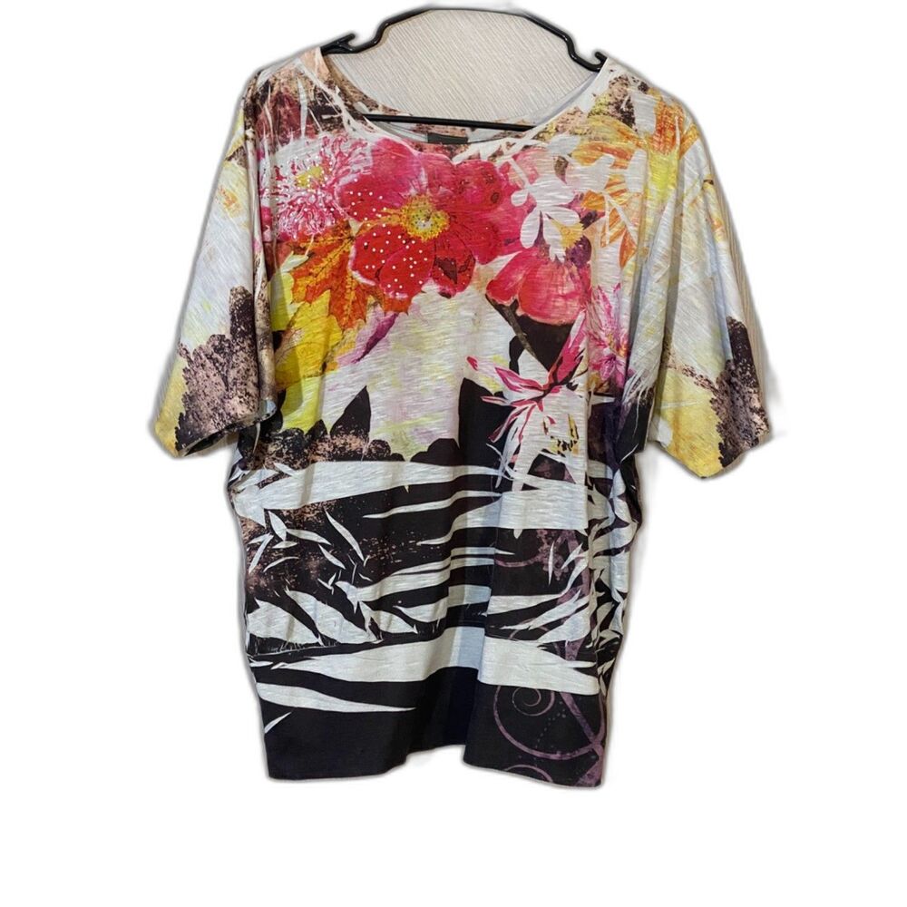 Dots 1X Floral Rhinestone Dolman Top Plus Size Short Sleeve Blouse